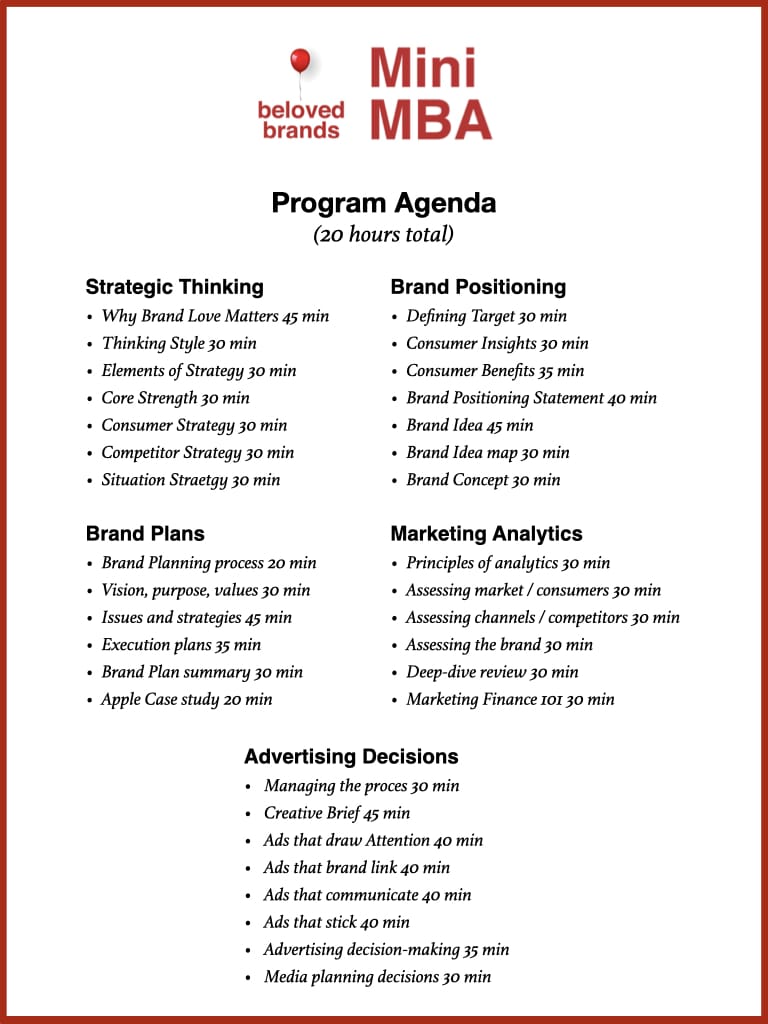 Beloved Brands Mini MBA agenda online marketing training course